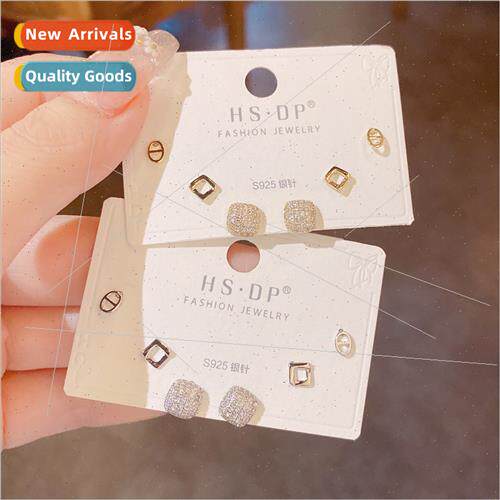 s925 silver pin earrings zirconia square combination simple