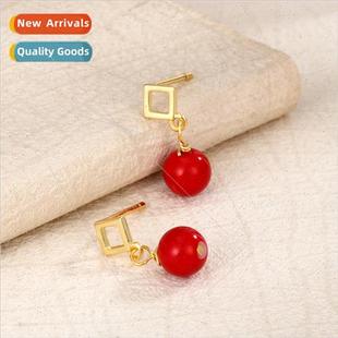 2023 Red Beads Square Stud Earrings适用Women Niche French Ge