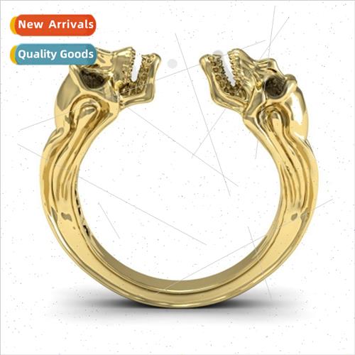 Europe Punk Hip Hop Halloween  Gold Double Skull Ring