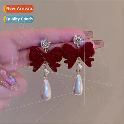 Burgundy velvet bow pearl earrings girls sweet fall winter e