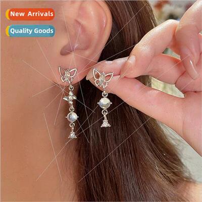 925 silver needle asymmetric butterfly tassel earrings femal
