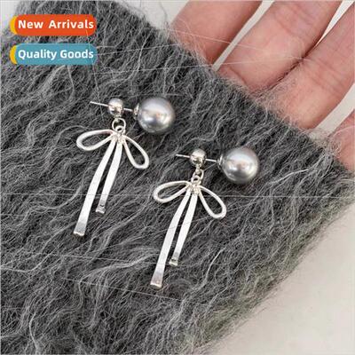 Cool sense gray pearl bow earrings female fall winter earrin