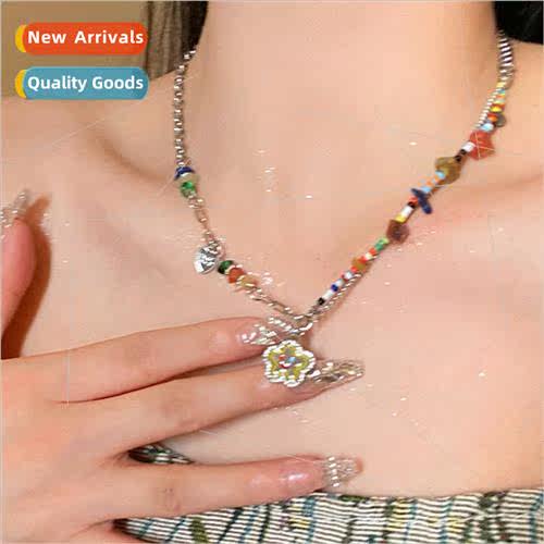 Colorful stone flower smiley necklace female ins tide niche