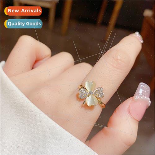 Fashion Sweet Cat Eye Stone Four Leaf Flower Ring Premium In