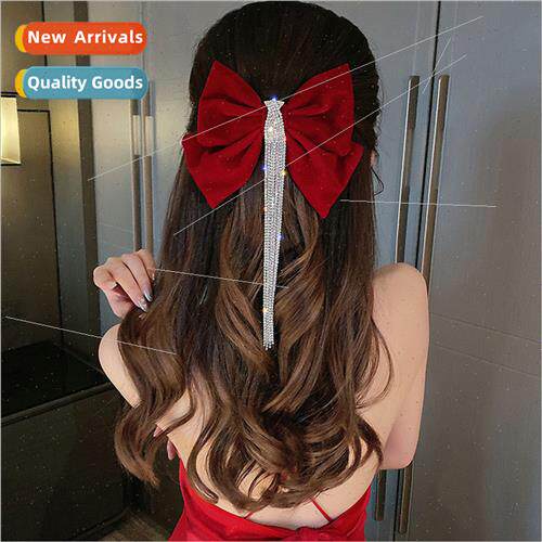 Bridal toast dress red bow diamond tassel hair clips back he
