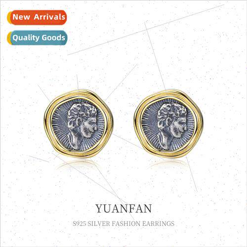 S925 lver Portra Ancient Coin Earrings Europe Vintage Aged c