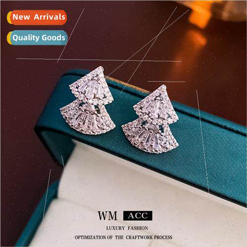 Silver needle zirconia hollowed out fan-shaped double earrin