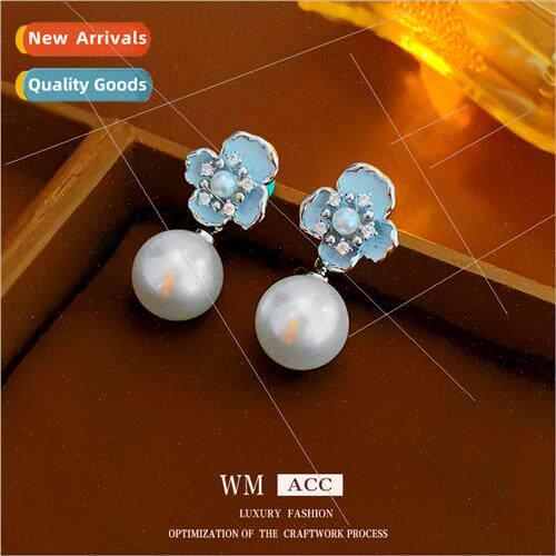 lver needle wh diamonds blue flowers pearl earrings fashion