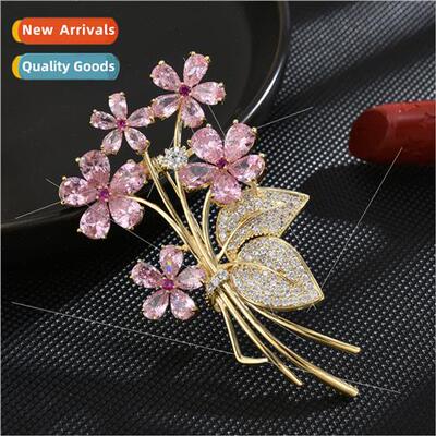 Korea high-grade micro-encrusted zirconia pink bouquet brooc