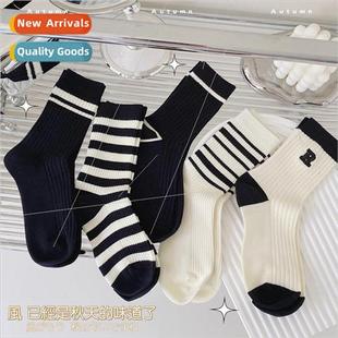 Black striped socks womens mid-calf socks ins tide cotton b