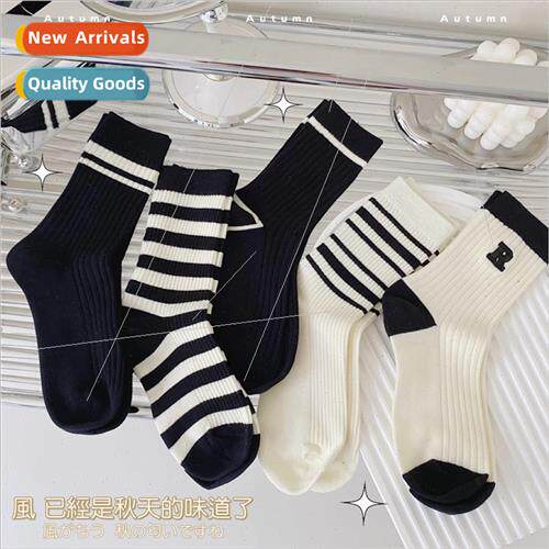 Black striped socks womens mid-calf socks ins tide  cotton b