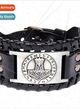 Rune Alloy Wide Leather Bracelet Men Leather Jewelry Europun
