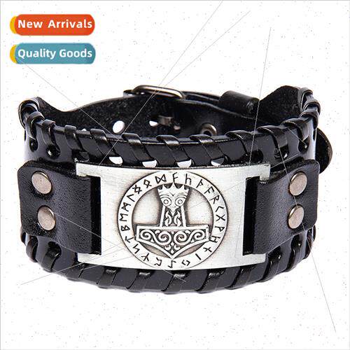 Rune Alloy Wide Leather Bracelet Men Leather Jewelry Europun