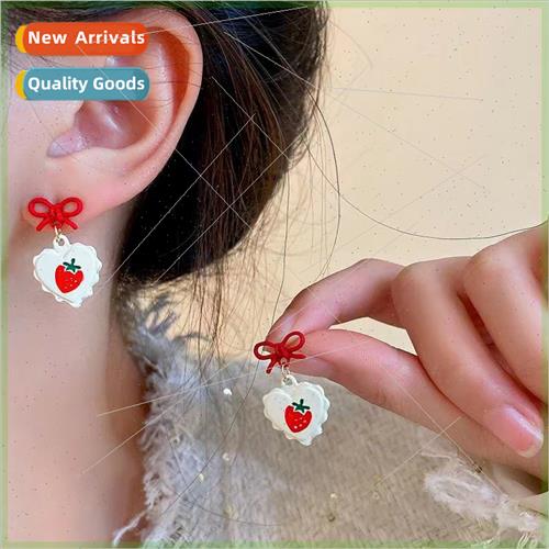 Spring summer cute bow love strawberry compact earrings fres