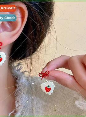 Spring summer cute bow love strawberry compact earrings fres