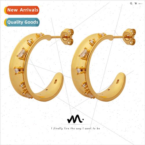 Europe set sense inlaid zirconia C-shaped earrings copper ea