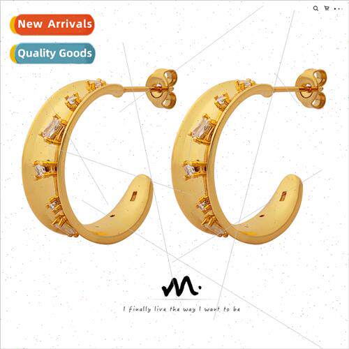 Europe set sense inlaid zirconia C-shaped earrings copper ea