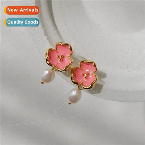 Delicate Sweet Pink Drip Enamel Flower Stud Earrings