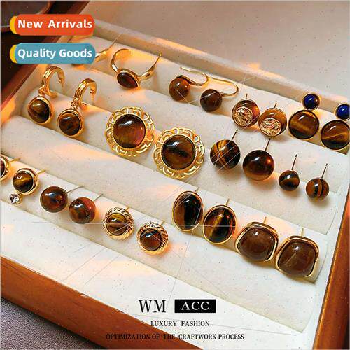 lver needle round brown tiger eye stone metal earrings retro