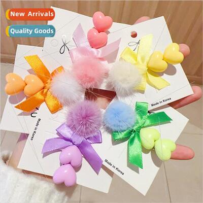 Winter children cute mink fur ball plush love heart hair cli