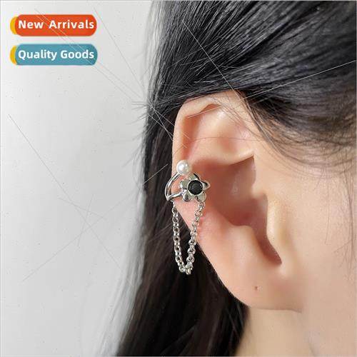 Black Mono Diamond Flower Pearl Ear Clips No Ear Piercing Re
