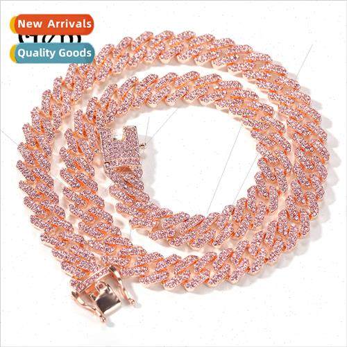 Europe 12mm Bar Cuban Chain Men Necklace Rose Gold Pink Diam