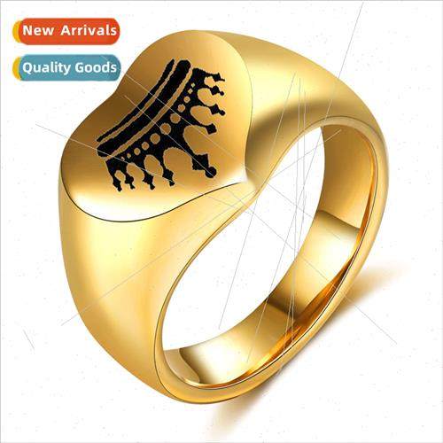 Europe new gold tanium steel men crown peach heart ring stai