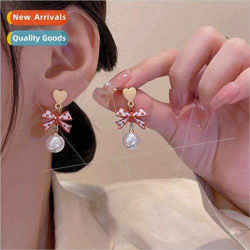 Curry retro color clashing pearl bow earrings female niche f