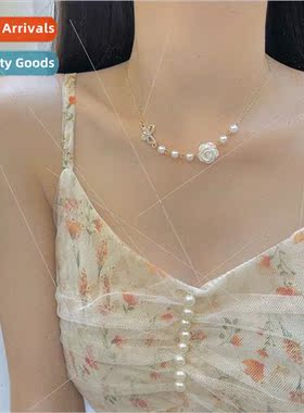 Vintage rose necklace spring new ins niche butterfly pearl c
