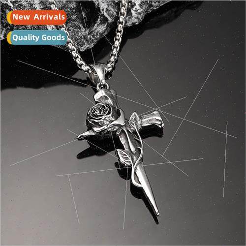 2024 new Europe hip-hop retro rose cross necklace men access