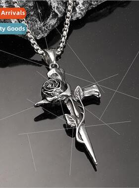 2024 new Europe hip-hop retro rose cross necklace men access