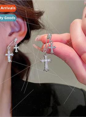 ins silver wh diamond cross earrings female Korea French nic