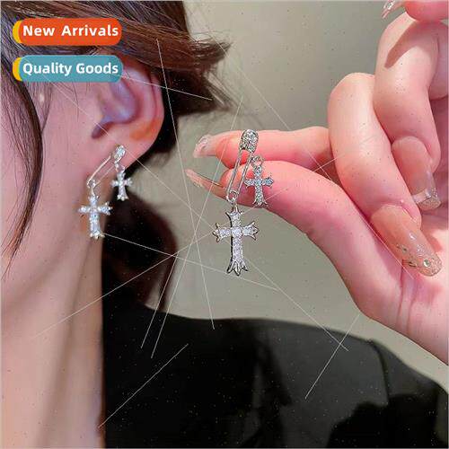 ins silver wh diamond cross earrings female Korea French nic