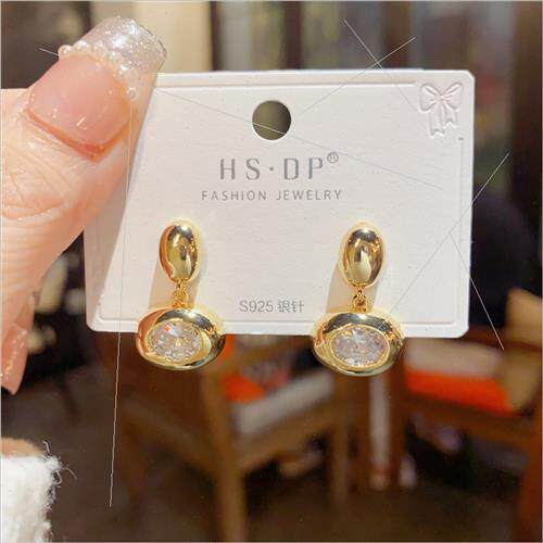 Korea simple metal geometric oval zirconia earrings s925 sil