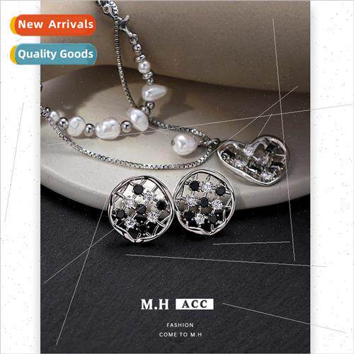 Fashion diamond grid 925 silver pin earrings female earrings