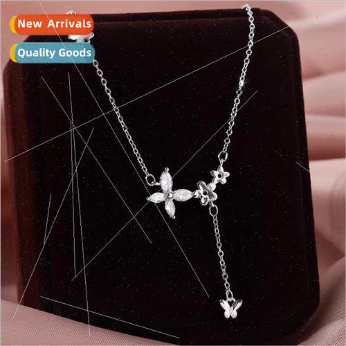 Teenage girl flash diamond butterfly flower tassel necklace