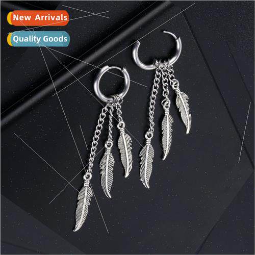 Korea new tassel chain earrings men tanium steel round feath