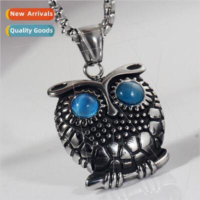 Europe Vintage Men Owl Animal Sapphire Tanium Steel Pendant