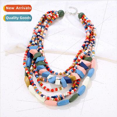 Wooden layered beaded long necklace women boho african sweat
