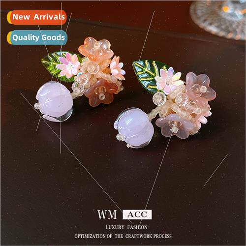 lver needle crystal flowers leaves rice beads earrings fresh