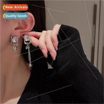 che Asymmetrical Square Zirconia Heart Chain Earrings Sweet