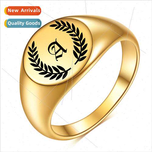 ins stainless steel laser leaf letter ring titanium steel go