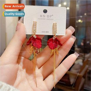 metal red petal zirconia earrings celebry earrings women