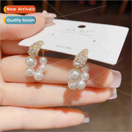 Delicate fashion pearl zirconia earrings s925 silver pin nic