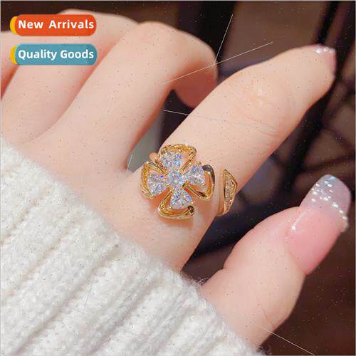 zirconia rotatable four-leaf flower ring fashion ins tide op