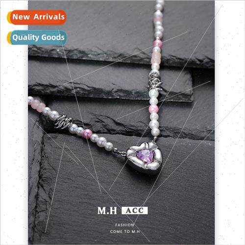 Purple Heart Pearl Necklace Women Sweet Cool Hottie Chain Bo