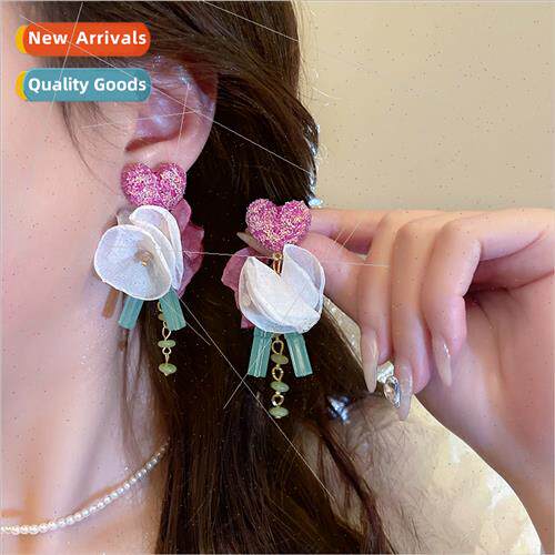 New rose red heart flower earrings niche earrings earrings f