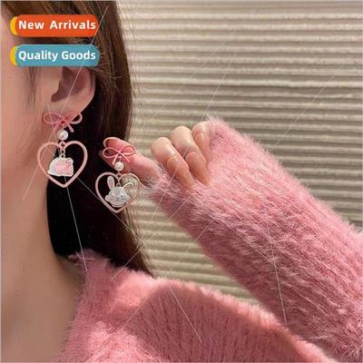 Asymmetrical pink heart rabb earrings niche bow soft girl ea