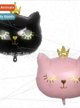 Large Black Pink Crown Cat Aluminum Foil Balloon Cartoon Cut