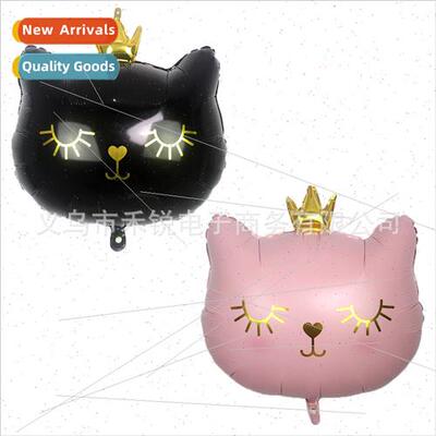 Large Black Pink Crown Cat Aluminum Foil Balloon Cartoon Cut